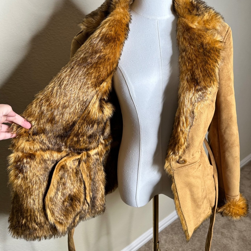 Route 66 Tan Faux Suede Shearling Penny Lane Coat Faux Fur Trim Medium - Picture 5 of 8